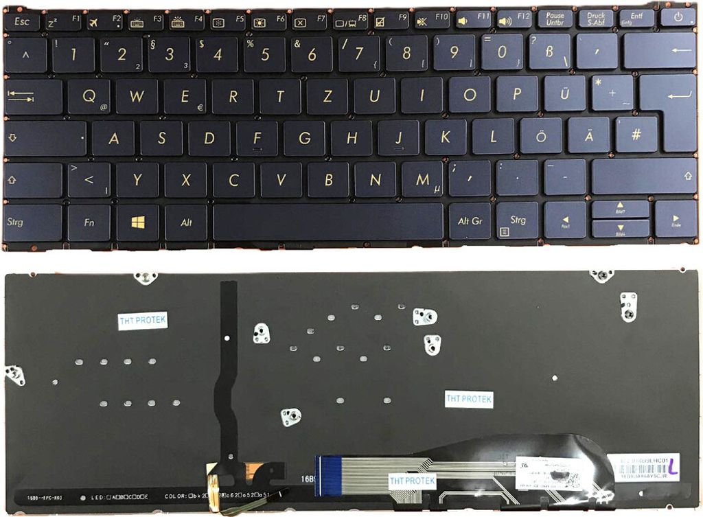 Tastatur - Farbe: Dunkelblau - mit Beleuchtung - ohne Rahmen Deutsches Tastaturlayout kompatibel für P/N: 0KNB0-D608GE00