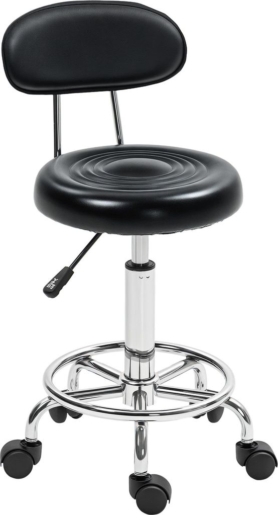 Rollhocker. Drehbarer und verstellbarer Hocker mit Rš¹ckenlehne. Kunstlederbezug. Fu?stš¹tze. fš¹r Frisiertische. Schwarz