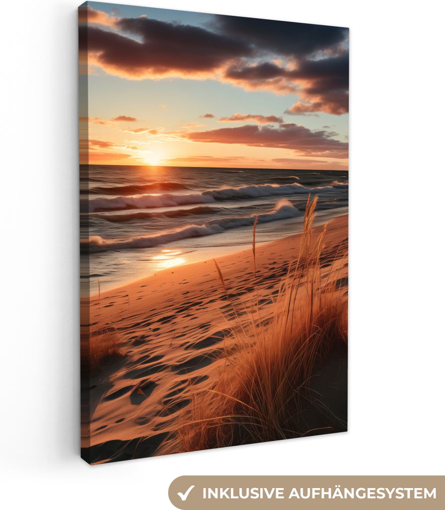 MuchoWow - Leinwandbilder - Strand - Sonnenuntergang - Dünen - Meer - Hochgras, Wandbild, Wanddeko Bilder Wohnzimmer, 80x120 cm
