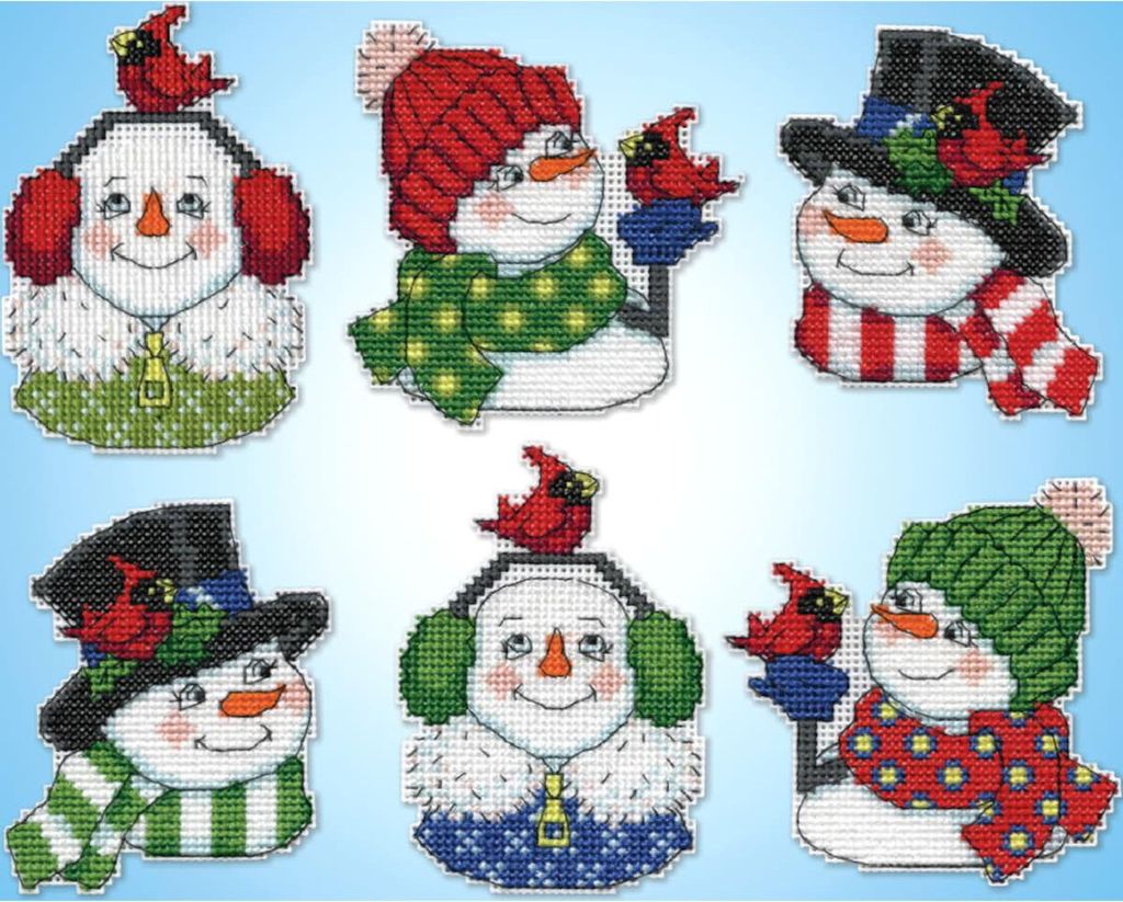 Design Works Kreuzstich Stickpackung "Weihnachtsbaumschmuck Schneemänner mit Vögeln (6er-Set)", Zählmuster, 9x9cm