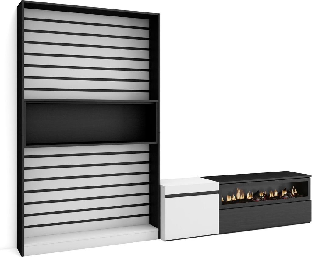 Wohnwand Wohnzimmer, 260x35x186cm, Für TV-Geräte bis zu 65", Elektrokamin, Weiß und Schwarz