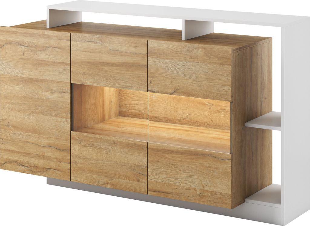 Masseno Kommode ALBINA 155 cm Sideboard und 3 Türen für Wohnzimmer Schlafzimmer Modern 155x44x94 cm Eichefarben / Weiß