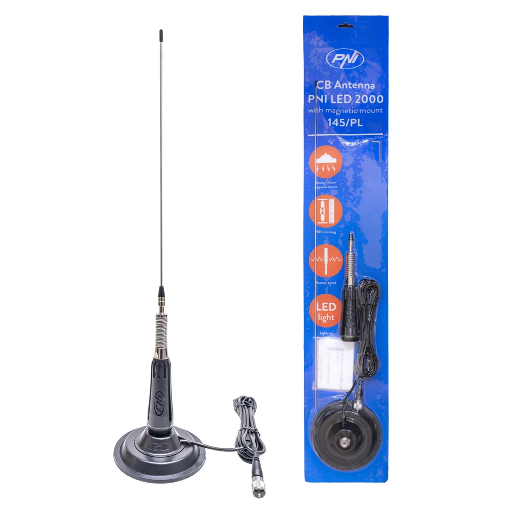 Antenna CB PNI LED 2000 90 cm, con base magnetica 145 mm, 26-28 MHz, 500 Watt, si illumina durante la trasmissione