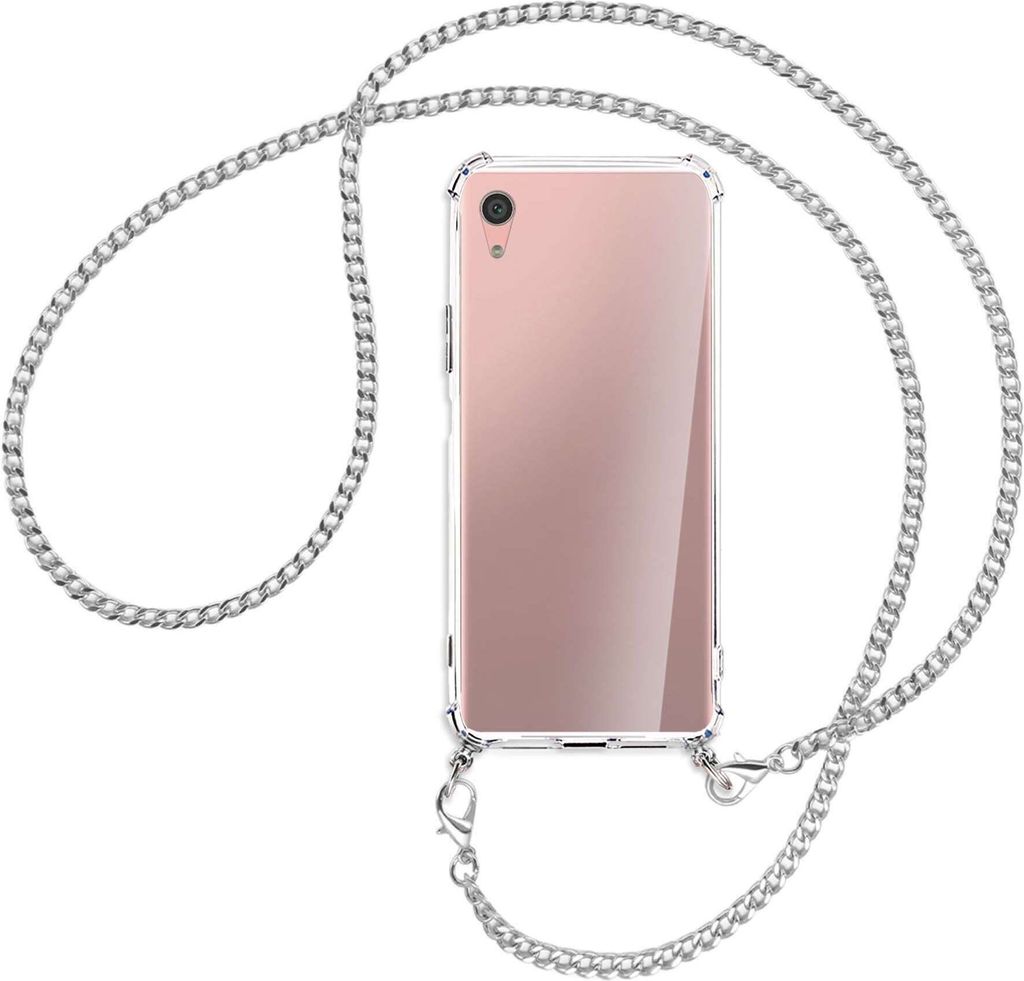 Handykette Backcover-Schutzhülle mit Band (Metall silberfarben) für Sony Xperia XA1 Plus - silberfarbene Kette