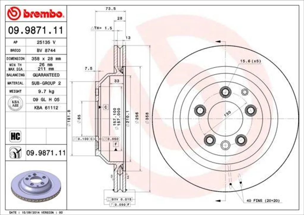 Brembo 09.9871.11 Disque de Frein Arrière pour Cayenne et Touareg 7L