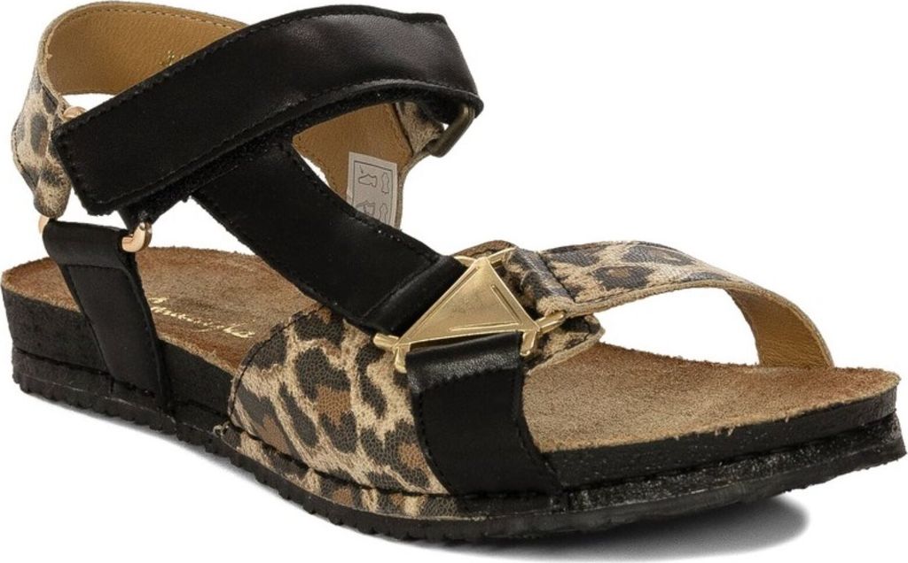 Sandalen aus Naturleder mit Leopardenmotiv, flachem Absatz, Klettverschluss, Weite F 1/2