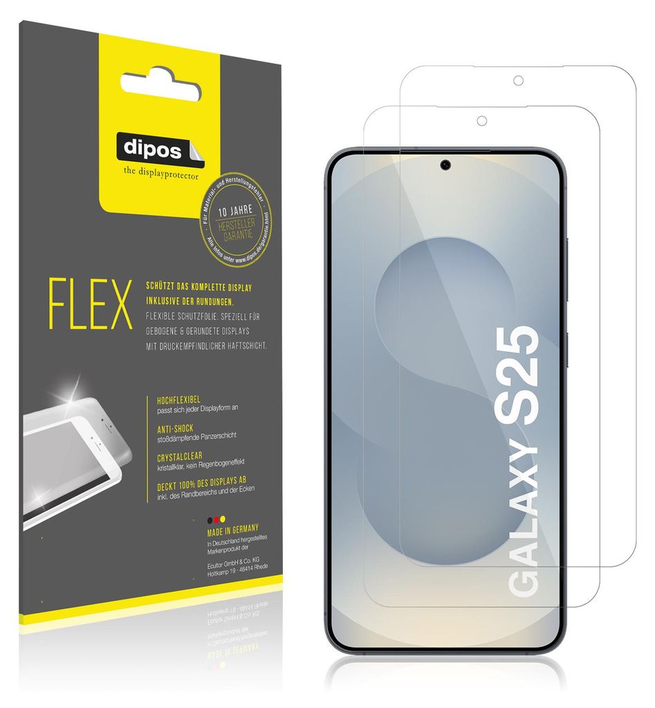 2x Schutzfolie für Samsung Galaxy S25 Folie, 100% Displayabdeckung, dipos Flex