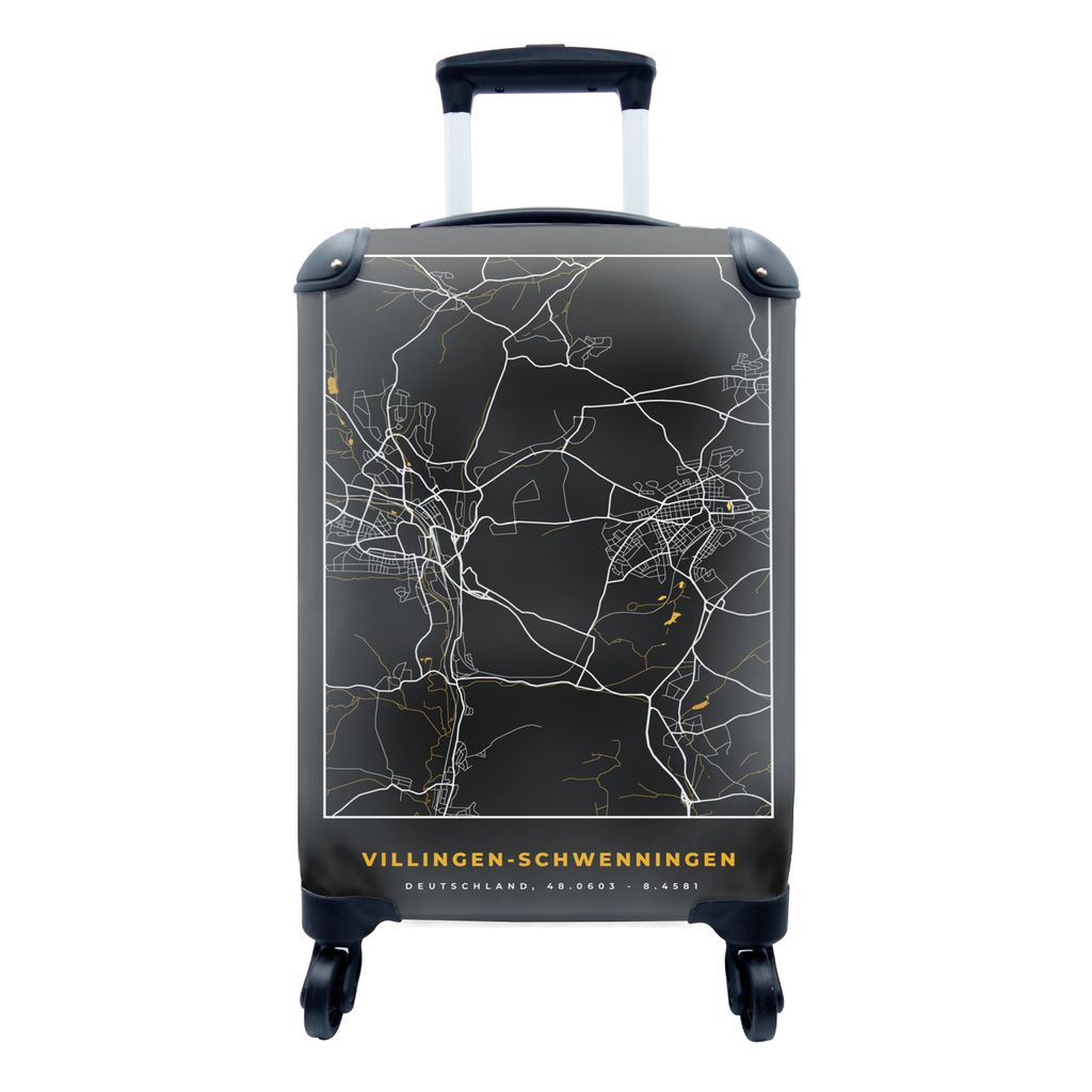 MuchoWow Koffer Handgepäck Trolley Rollkoffer Kleine Reisekoffer mit 4 Rollen - Schwarz und Gold - Stadtplan - Villingen Schwenningen - Deutschl...