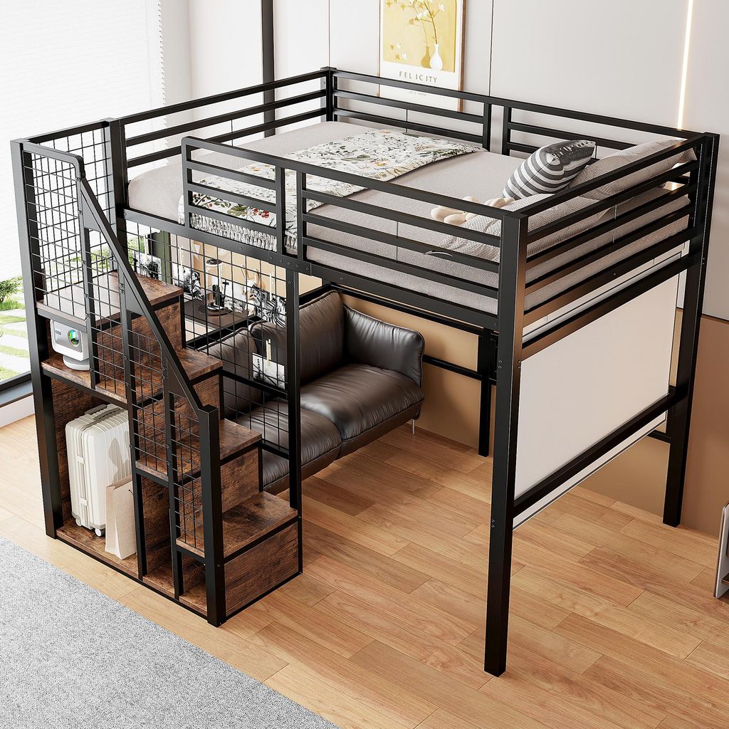 STILVORA Hochbett 140×200, Jugendbett mit Eisenrahmen und Ablagefläche, integrierte Aufbewahrungseinheit mit Trockenstange, Treppe mit Maschengit...