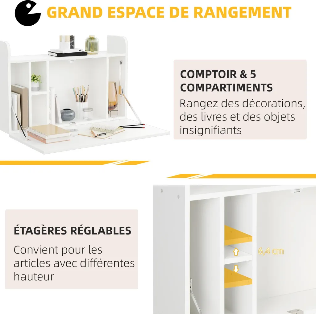 Table d'ordinateur murale escamotable blanche avec tablette de rangement