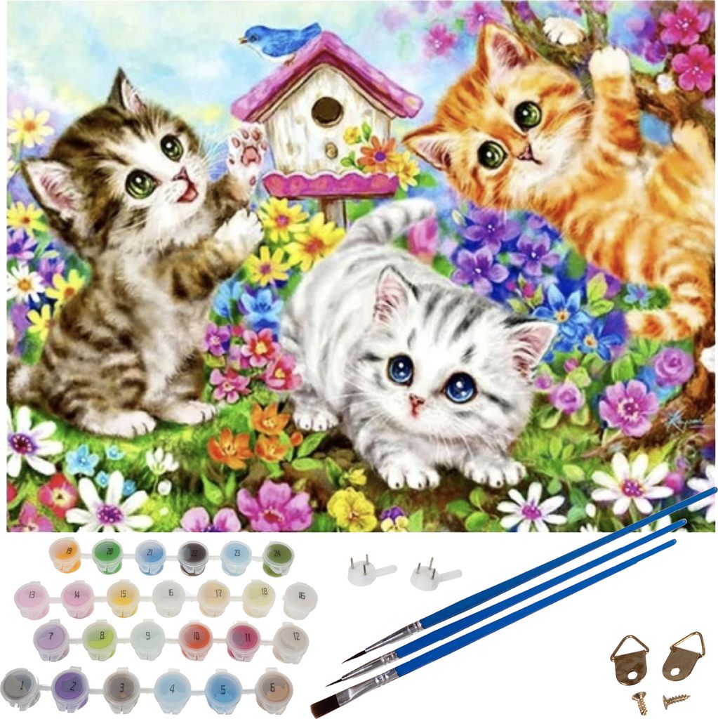 Malen nach Zahlen DIY Leinwand 40 x 50 cm Pinsel Acrylfarbe 22785, Muster:Katzen