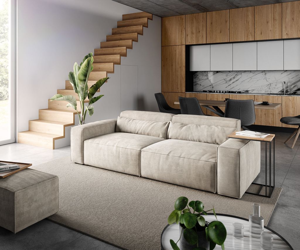 DELIFE Big-Sofa Sirpio 230x95 cm Cord Beige mit Hocker