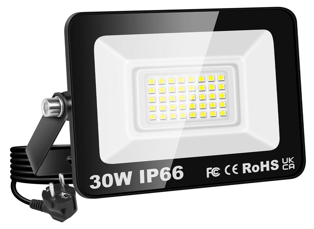LED-Flutlicht 30W, 3000 Lumen, IP66, kaltweiß, mit Stecker