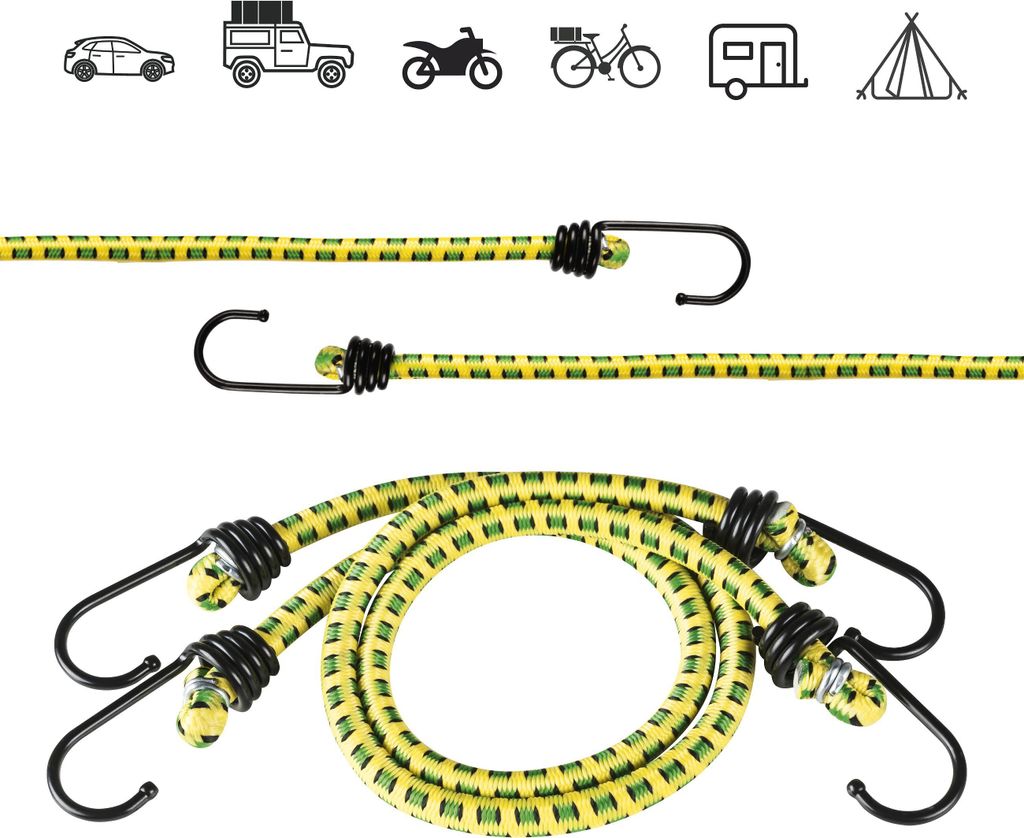 WALSER Gepäckspanner mit Haken, Spanngummi-Set 2x 45cm gelb, 2 Spanngurte mit Haken, Gepäckriemen, Spannseil, Expander-Set, Gummi-Spanner gelb