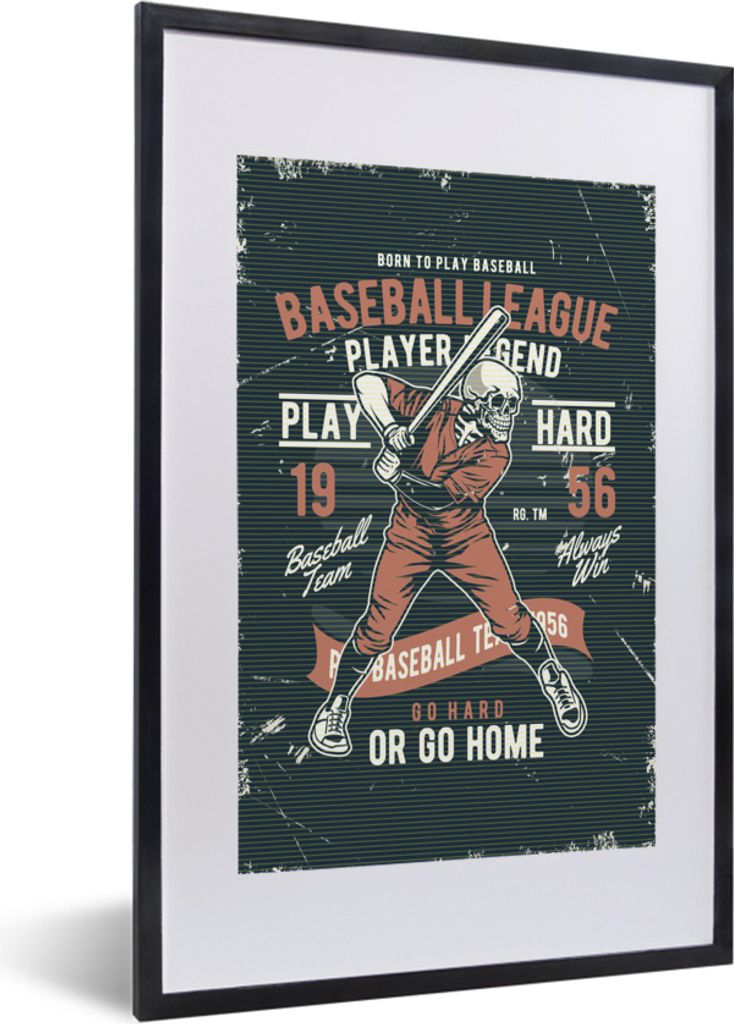 MuchoWow MuchoWow Gerahmtes Poster Vintage - Totenkopf - Baseball 40x60 cm - Poster mit zchwarzem Bilderrahmen - Poster in Rahmen