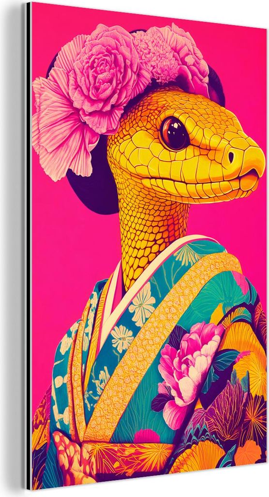 MuchoWow Wanddekoration Metall Metallbild Wandkunst 40x60 cm Eidechse - Blumen - Rosa - Kimono MuchoWow Aluminium Gemälde - Wanddekoration aus Alu...