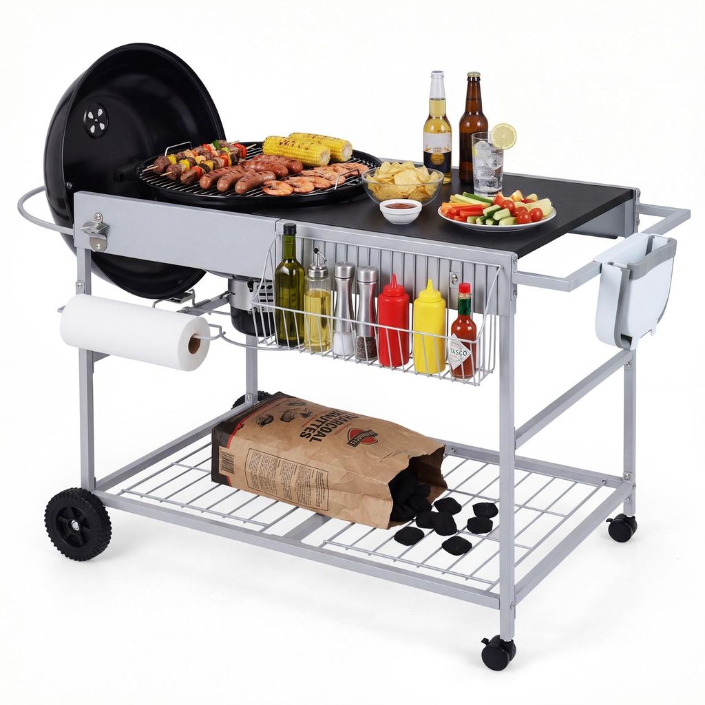 COSTWAY Grillwagen Outdoor, Servierwagen für Kugelgrill 45-55cm, Grilltisch mit 4 Rollen, Deckelhalter, Gewürzregal & Mülleimer, mobiler Beistel...