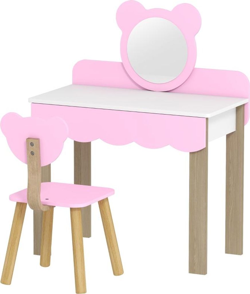 Fortuna Lai Frisiertisch-Set mit Hocker für Kinder, Schminkspiegel, Bärchenform, Schublade, MDF, Rosa
