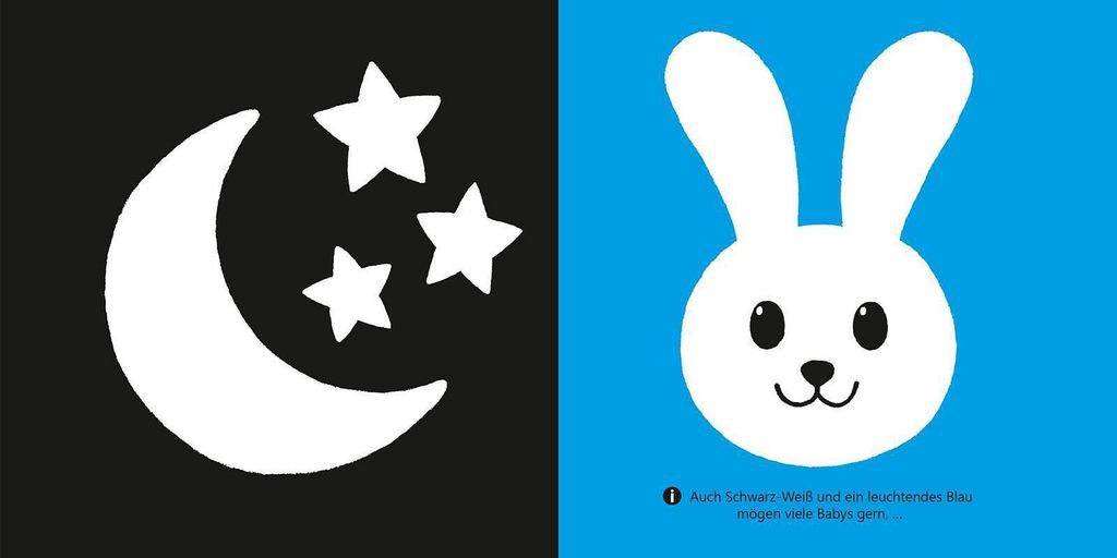 A split image showing a moon and stars on a black background on the left, and a white rabbit face on a blue background on the right. There is also some text at the bottom right.