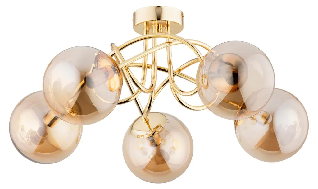 Plafonnier 5 Lumières E14 en Verre Ambré BANKO - Design Doré Chic Alfa