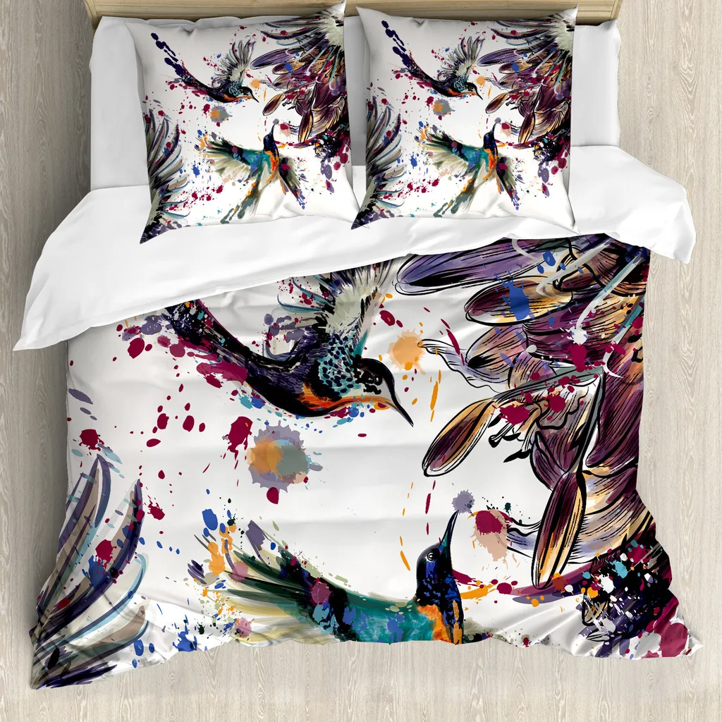 ABAKUHAUS Copripiumino Kolibri, Lily Uccelli acquerello, antiacaro, adatto a chi soffre di allergie, con federe, 155 cm x 220 cm - 80 x 80 cm, arancione blu