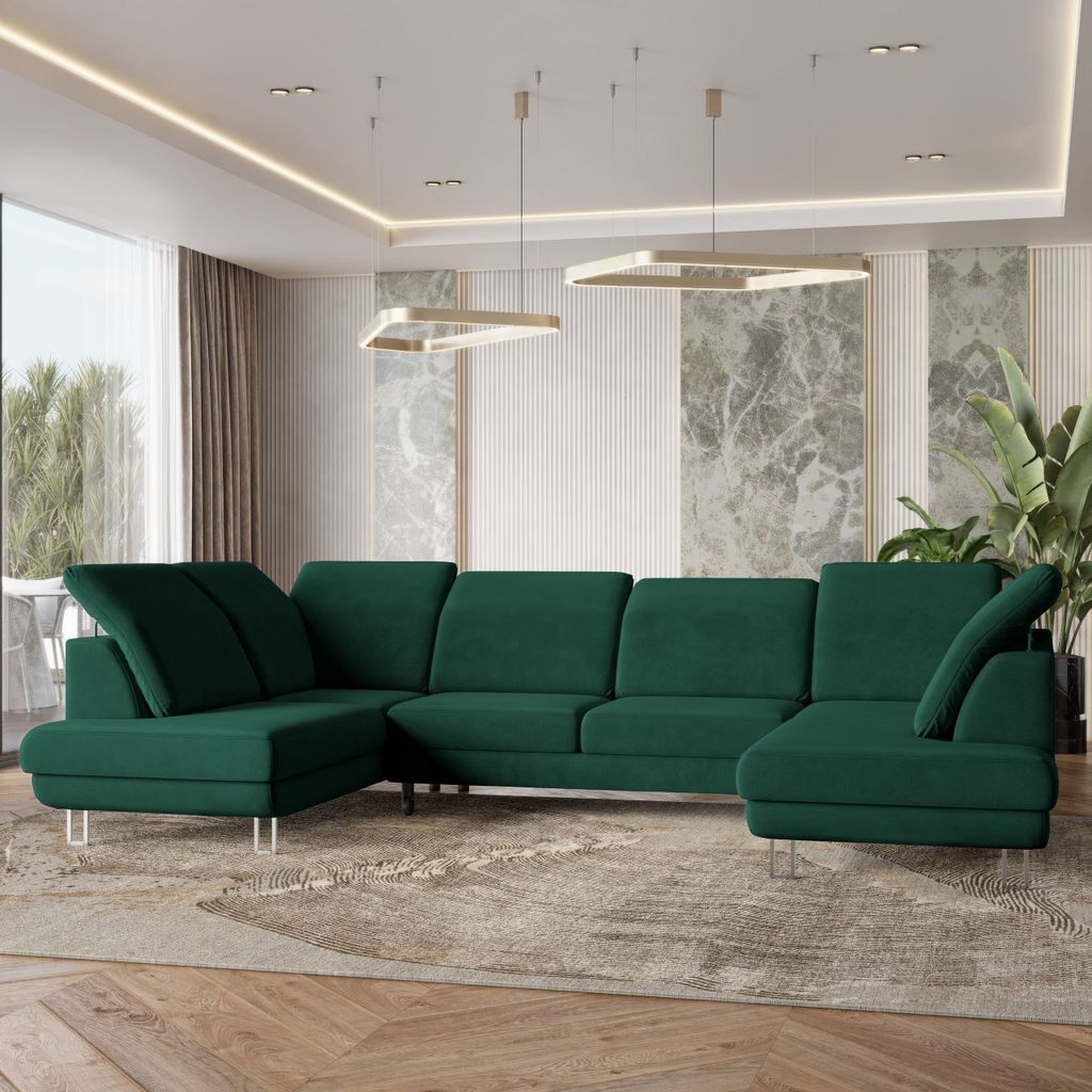 Masseno Ecksofa TERAMO mit Schlaffunktion U-Form, Sofa mit Bettkasten, Wohnzimmersofa, Couch, Soffa, Bettsofa, Couchgarnitur- Grün, MONOLITH 37