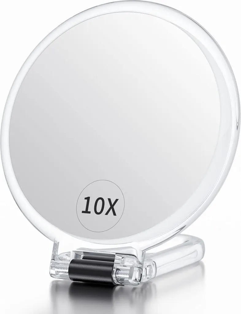 Miroir à main avec poignée et grossissement 10x - Miroir de voyage