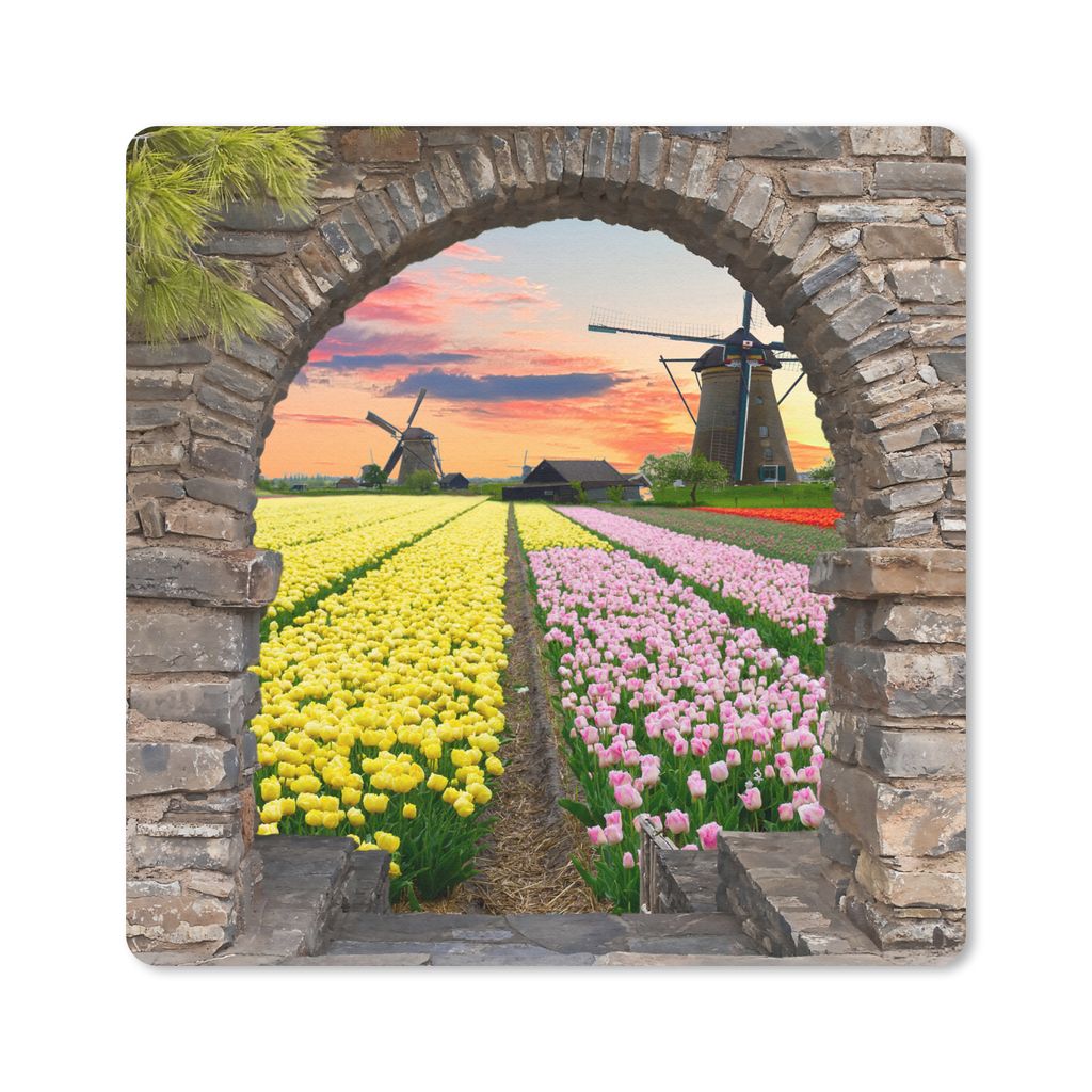 MuchoWow Mauspad Mousepad Tulpen - Blumen - Mühle - Ansicht 20x20 cm - Mousepads - Maus Mat - Pad - Mausunterlage - Desk Mat - Bureauartikeln