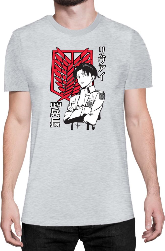 Herren T-Shirt Japan Anime Manga Attack Anime On Titan Levi Ackerman 06 Ackerman Picture Pose, Man M / Grau