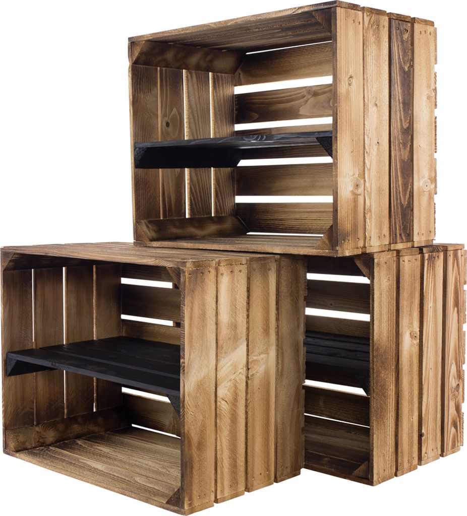 3er Set neue geflammte/braune Holzkiste mit Mittelbrett Schwarz 50cm x 40cm x 30cm Obstkiste Weinkiste Weinkiste Kiste Regal Apfelkiste