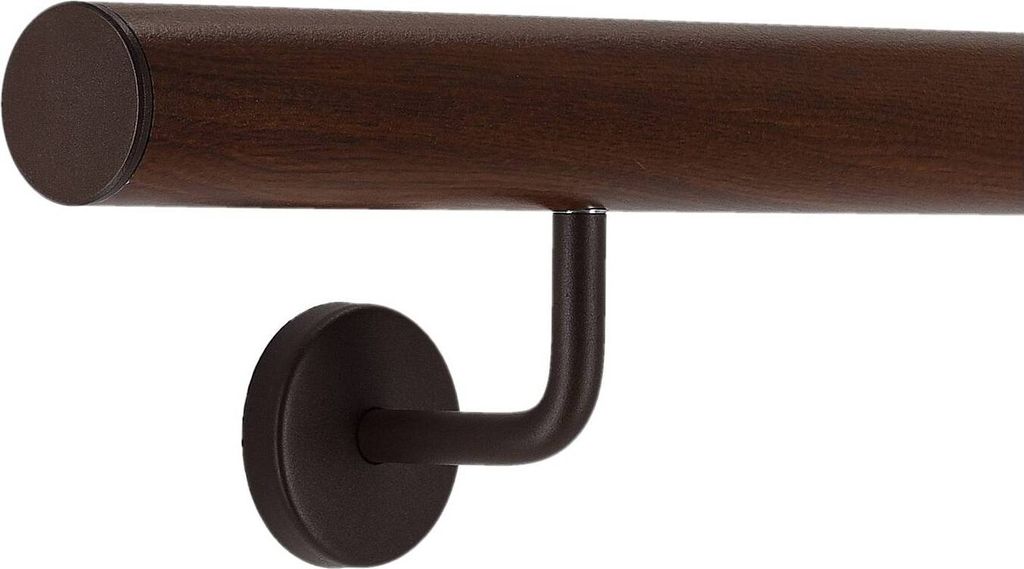 TIBU Handlauf Aluminium Nussbaum Holz Nachbildung 30-600cm Wandhandlauf Treppe gewinkelte Edelstahlhalter, Länge 50 cm mit 2 Halter und gerade Kappe