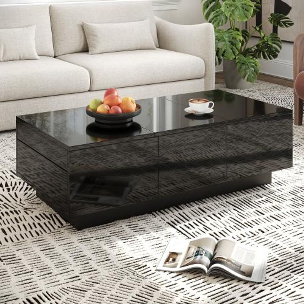 100x31x50cm Moderner Schwarzer Hochglanz Couchtisch Schubladen Schiebefach Rechteckiger Wohnzimmertisch Grosser Stauraum Pflegeleichte Oberflaeche