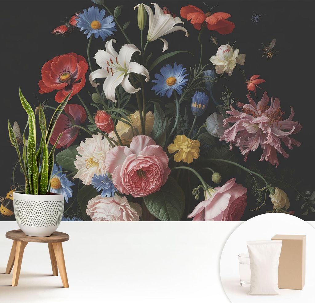 Fototapete - 208x146 cm - Tapete - Wandtapete - Wandbilder - Dekofolie - Tapete Folie - Wand - Dekoration - Wohnzimmer - Blumen mit Insekten