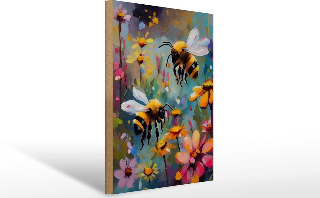 Holzschild Bienen Blumenfeld, 40x30 cm, Holzschilder Bild Bienen Tier Wiese