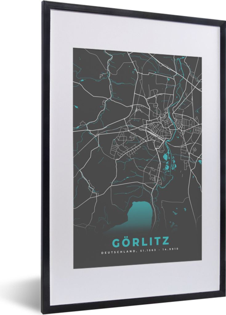 MuchoWow Gerahmtes Poster Karte - Görlitz - Blau - Stadtplan - Deutschland 40x60 cm - Poster mit Schwarzem Bilderrahmen Wandposter Rahmen Foto B...