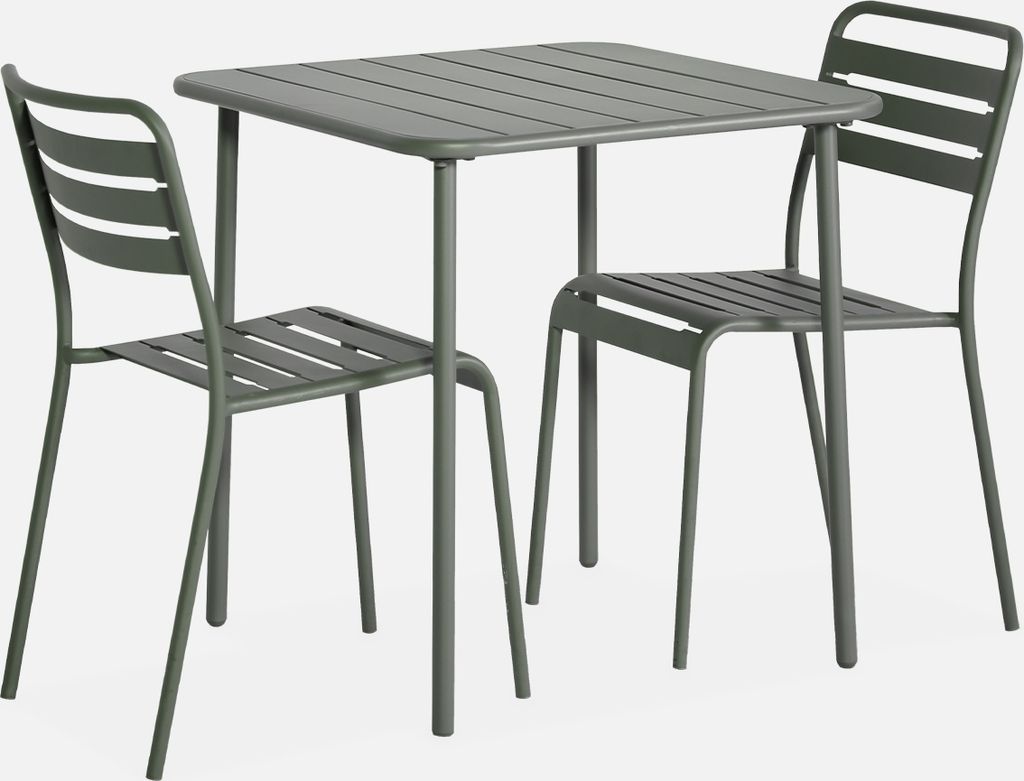 A khaki-colored metal garden table with two chairs, shown against a light gray background.