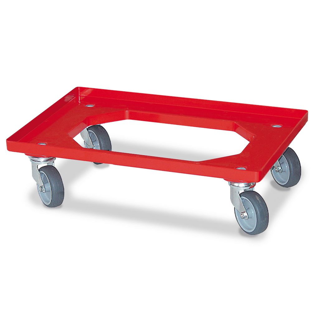 Logistikroller/Transportroller Behälter 600 x 400 mm, rot, 4 Edelstahl-Lenkrollen, graue Gummiräder, Tragkraft 250 kg