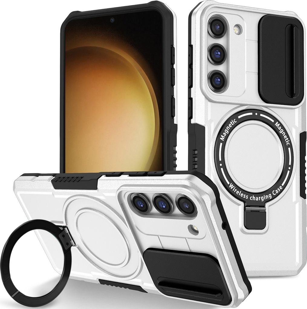 Handyhülle für Samsung Galaxy S23+ Kompatibel mit MagSafe, Robuste Hülle mit Schiebe Kamera Schutz, Magnetischer Ringständer Weiß