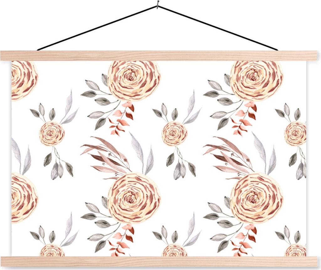 MuchoWow Textilposter Rosen - Gold - Braun - Weiß 120x80 cm mit holzfarbenen Rahmen - Aufhängeset