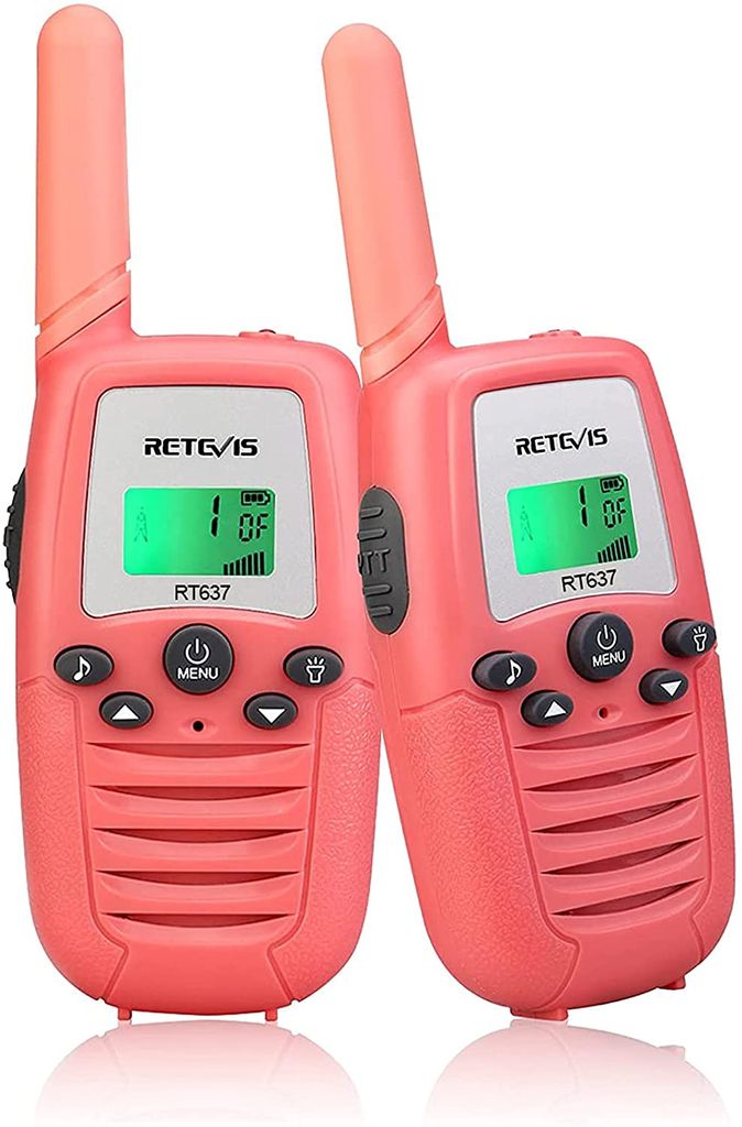 Two coral-colored Retevis RT637 walkie-talkies are shown against a white background.
