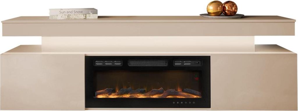 A modern TV stand with a built-in electric fireplace.
