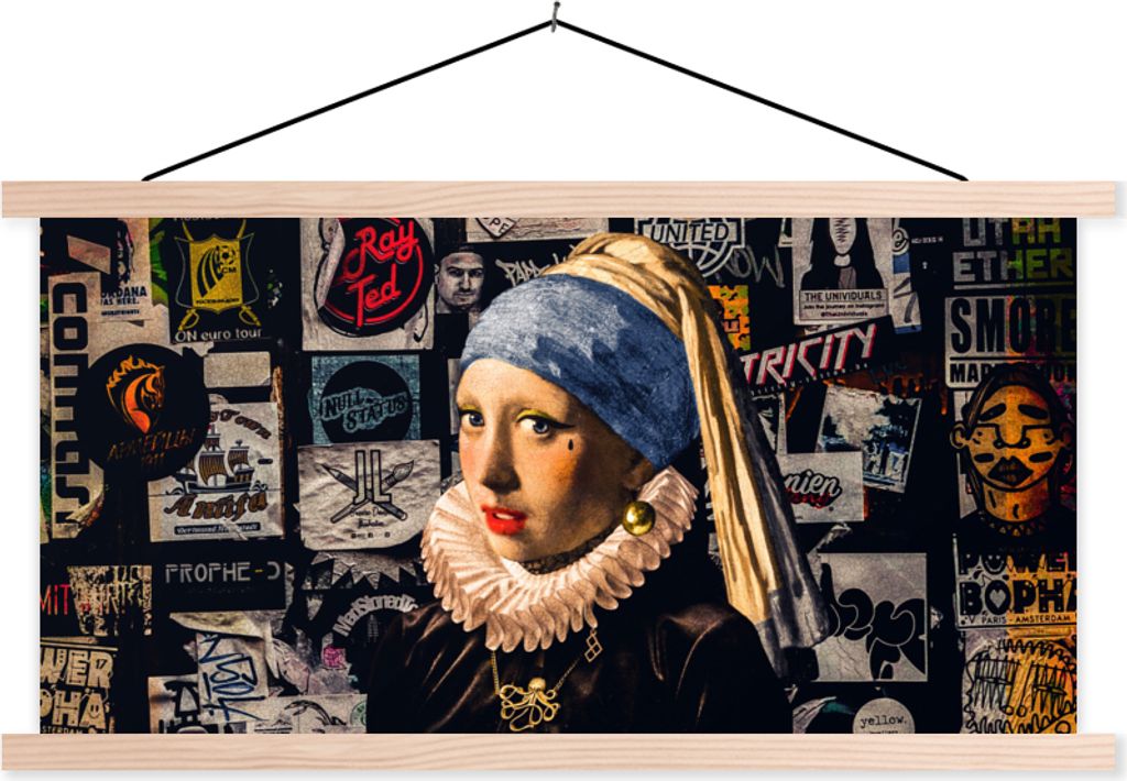 MuchoWow Textilposter Das Mädchen mit dem Perlenohrring - Tätowierung - Vermeer 60x30 cm mit holzfarbenen Rahmen - Dekoration