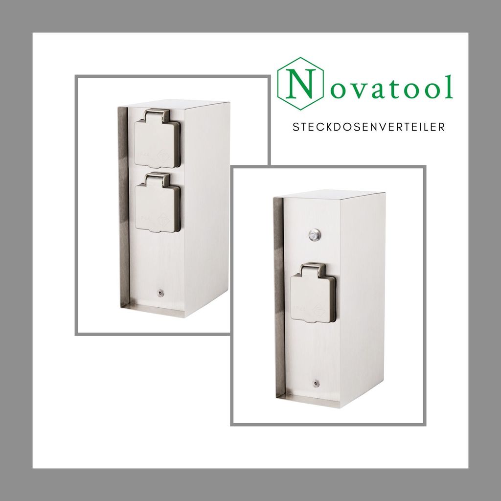 Novatool 4x Steckdosensäule 3-fach außen Silber gebürstet Edelstahl eckig IP44 mit Dämmerungssensor Steckdose Aussen Gartensteckdose Outdoor St...