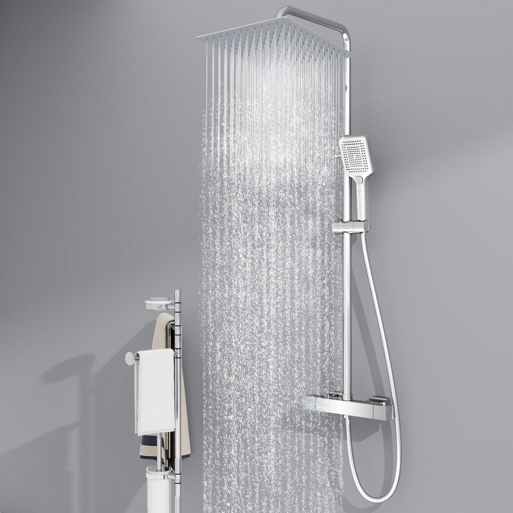 Duschsystem Thermostat 38°C Chrom mit 12 Zoll Regendusche, 3-Funktionen-Handbrause, Edelstahl-Duschstange - Duschset Komplett