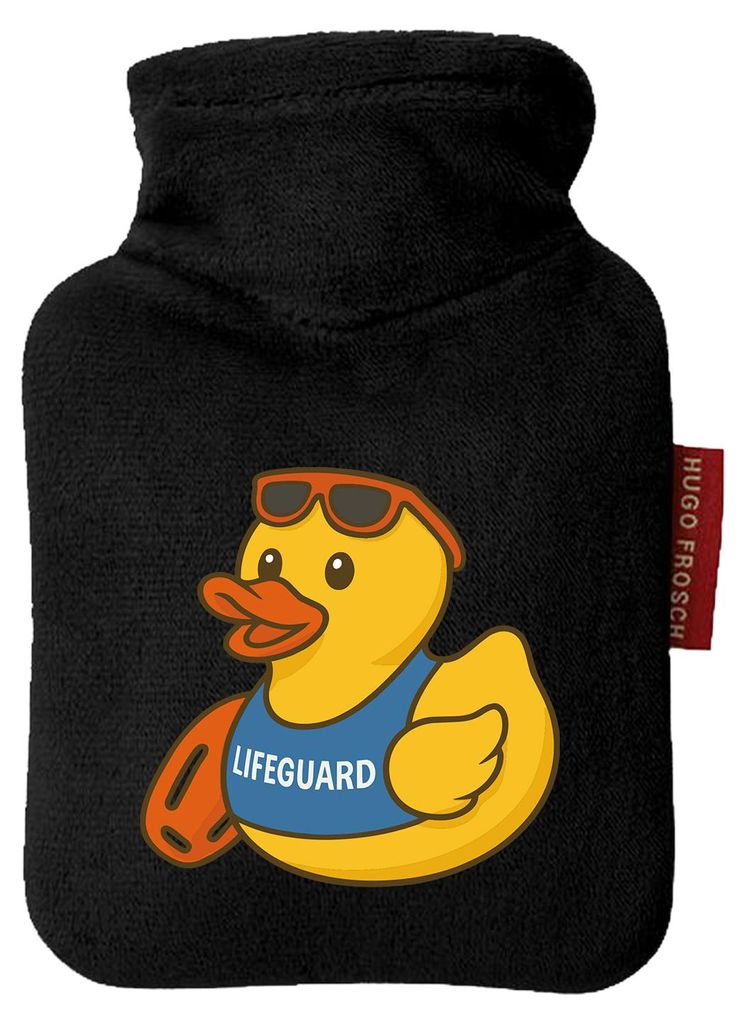 Huuraa Mini-Wärmflasche Quietscheente Bademeister Gummiente Rettungsschwimmer 0,2 Liter Black Mini Veloursbezug Taschenwärmer Geschenkidee