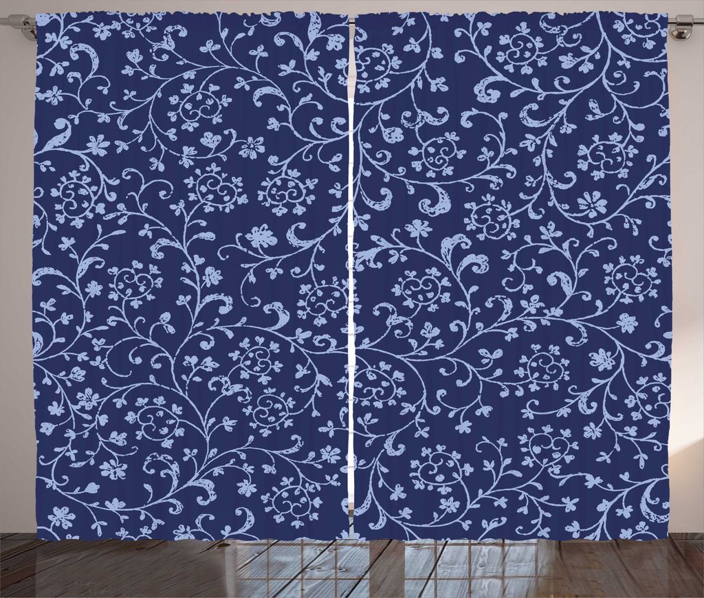 ABAKUHAUS Blumen Rustikaler Gardine, Barock Klassische Damast, Schlafzimmer Kräuselband Vorhang mit Schlaufen und Haken, 280 x 245 cm, Indigo Viol...