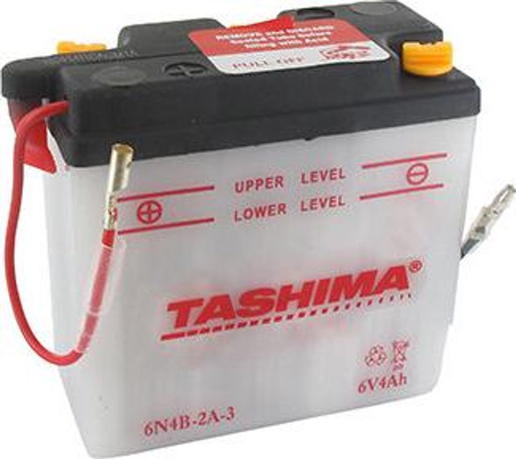Blei-Batterie Tashima 6V, 4Ah. L: 102, B: 48, H: 96 mm, links für Motorräder. (ohne Säure geliefert). - Batterie zum Befüllen mit Säure
