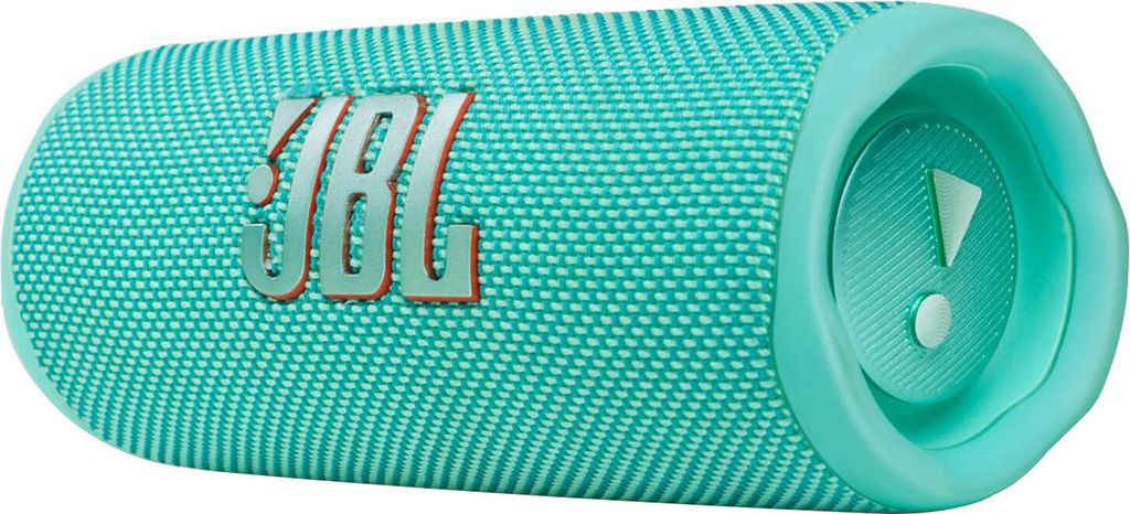 A teal JBL Flip 6 portable waterproof speaker is shown against a white background.