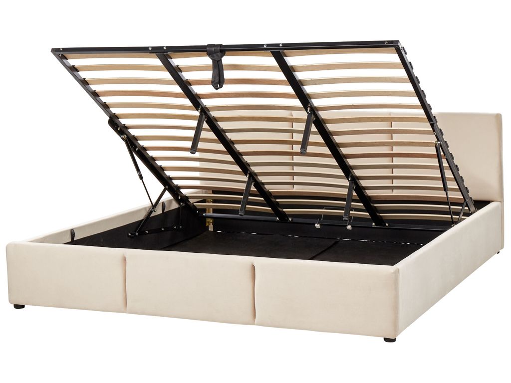 BELIANI Bett mit Bettkasten Hellbeige Samt Gepolstert 180 x 200 cm Lattenrost Hochklappbar Hohes Kopfteil Modern Schlafzimmer Möbel Ausstattung