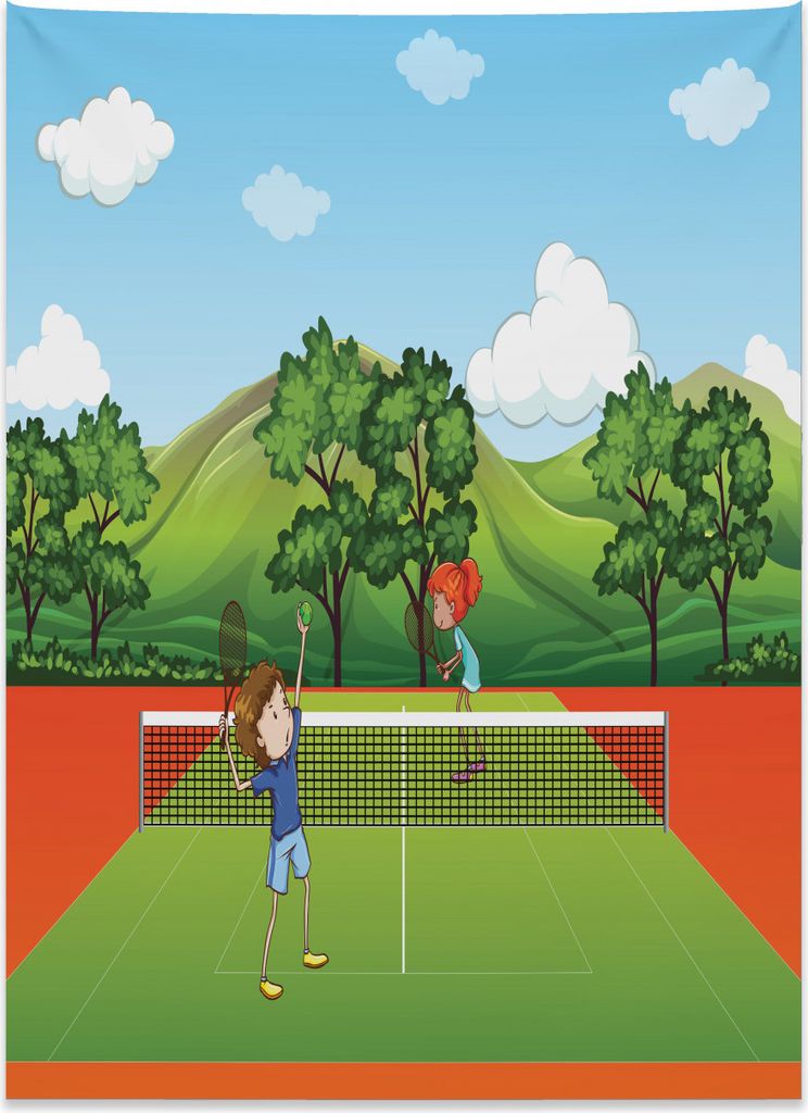 Abakuhaus Sport Wandteppich, Freunde spielen Tennis aus Weiches Mikrofaser Stoff Kein Verblassen Klare Farben Waschbar, 110 x 150 cm, Mehrfarbig